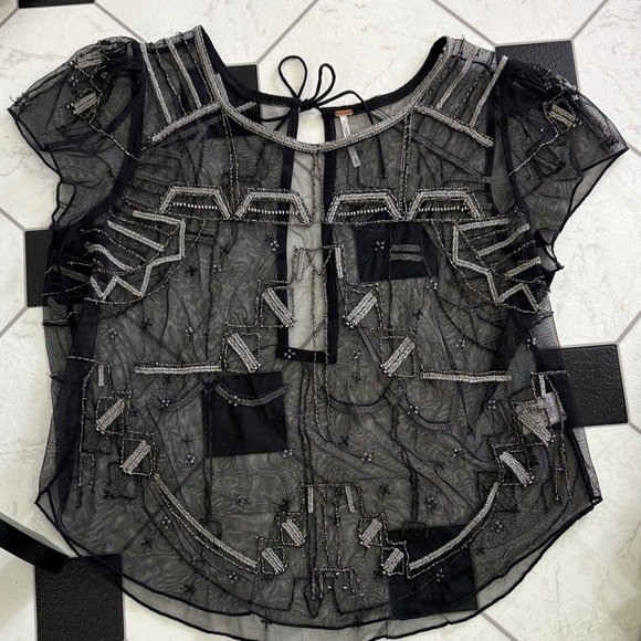 Free People Black Sheer Beaded Blouse small VGUC - Picture 7 of 10
